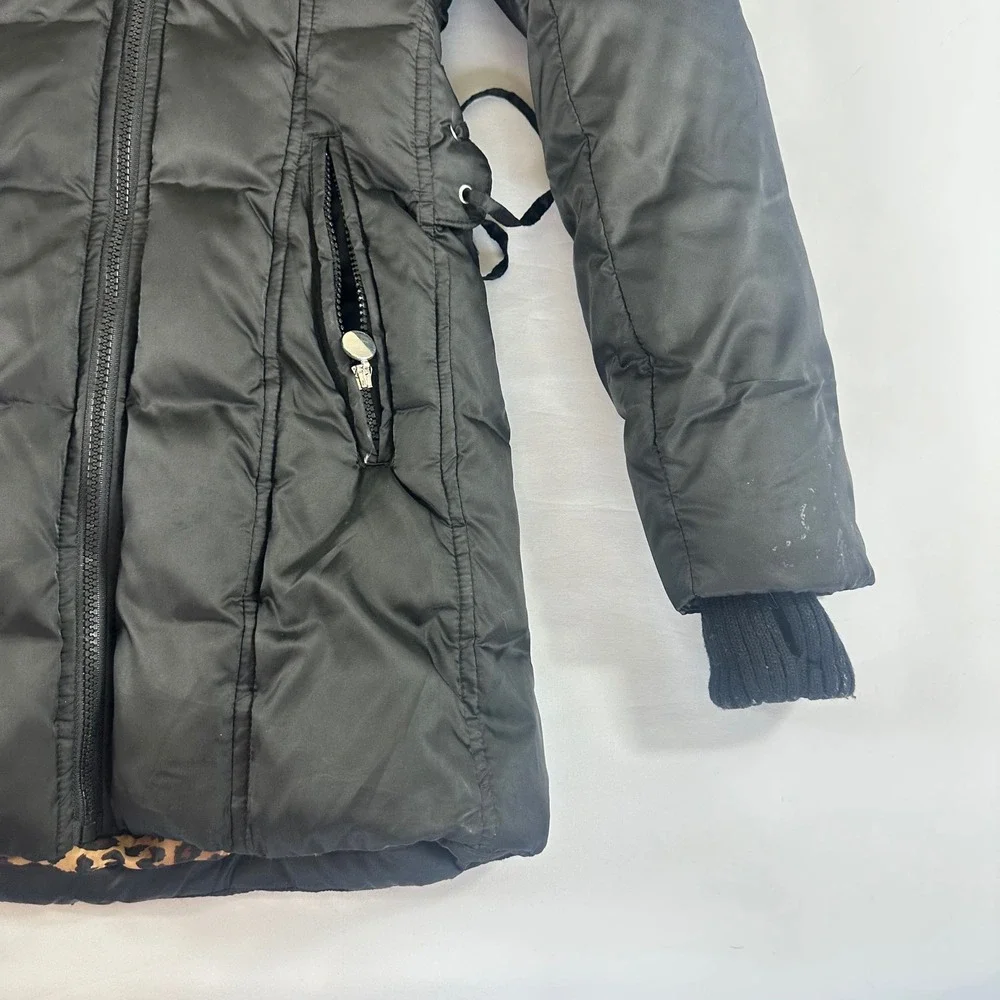 Betsey Johnson Youth Medium High Black Puffer Coat Faux Fur Hood Leopard‎ Lining